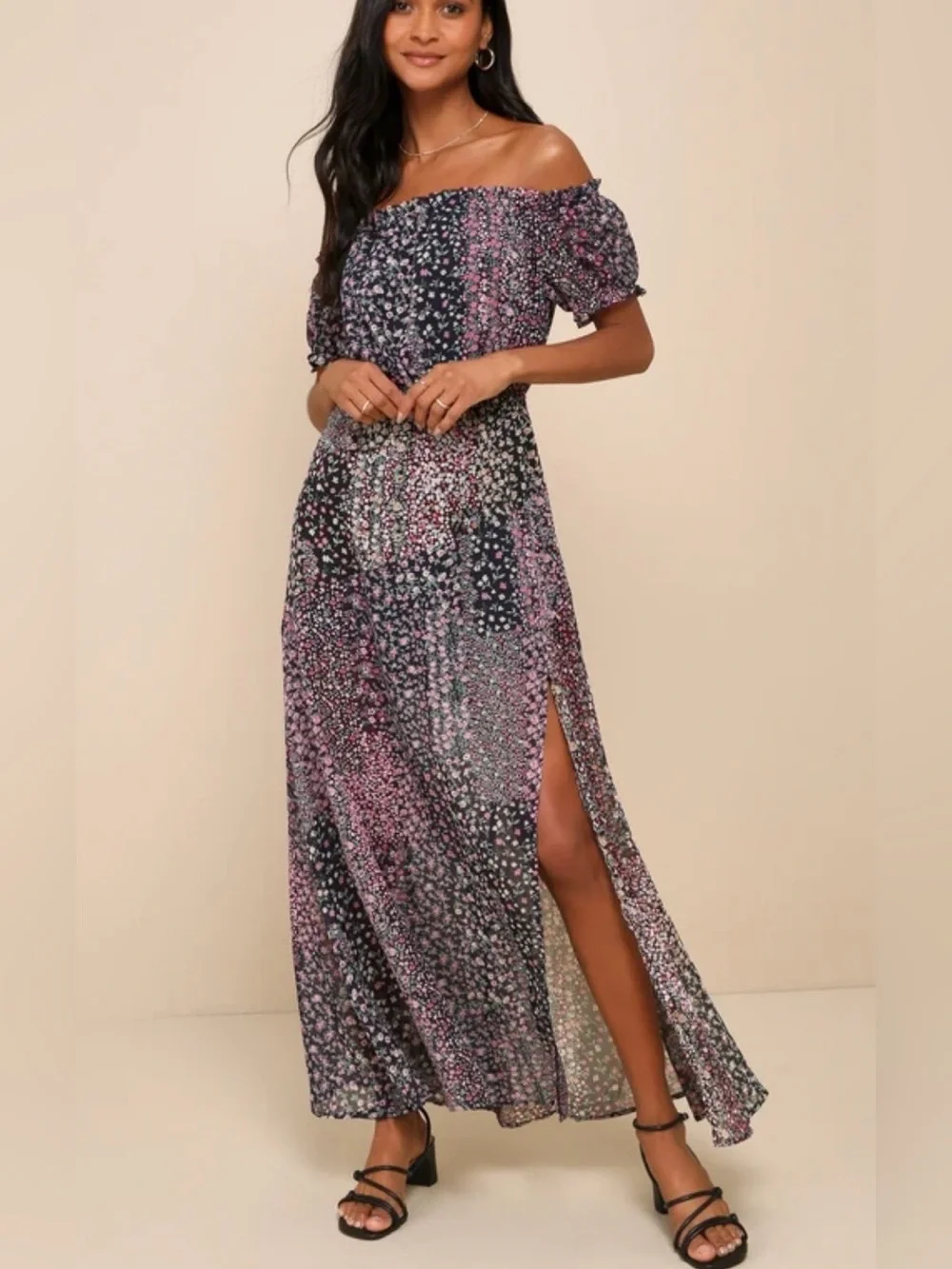 lulus navy blue floral print dress Navy Blue Floral Print Dress - Wrap Dress - Side Slit Maxi Dress
